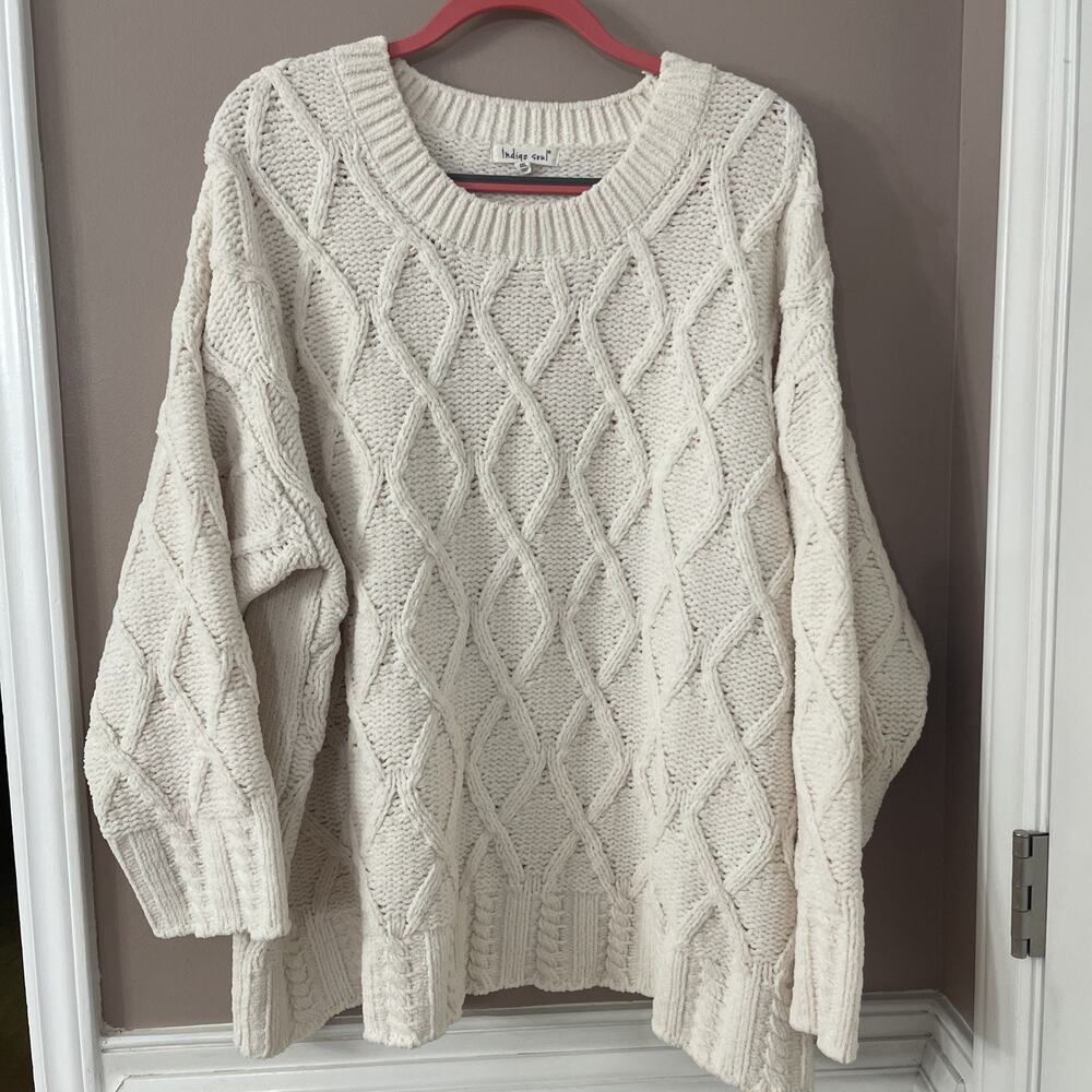 Indigo Soul Sweater Womens 2XL Cream Chunky Oversized Cozy Braided Cable Knit